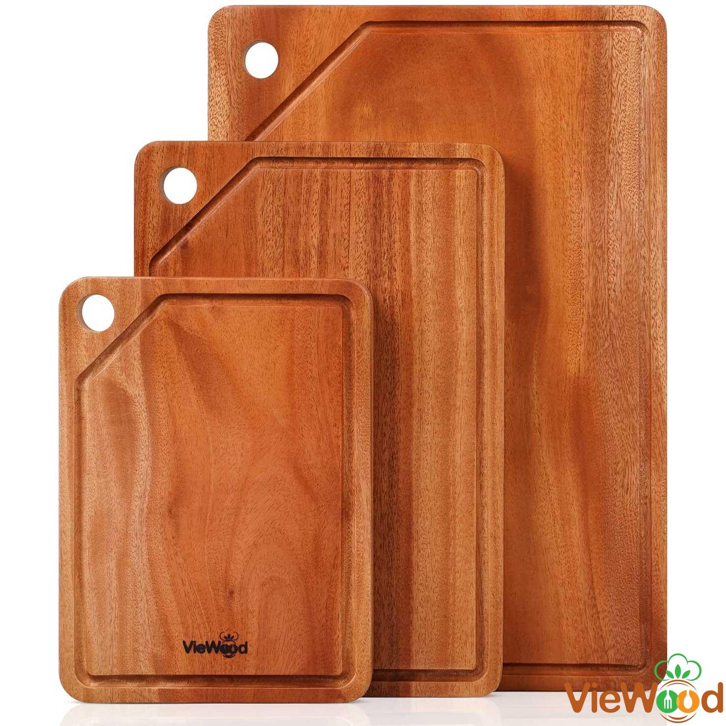 VieWood Extra Thick Khaya Wood Cutting Board (Set of 3) with Juice