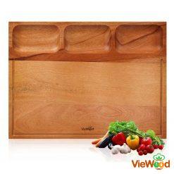 VieWood Extra Thick Khaya Wood Cutting Board 3 Compartments Large 16.9x12.6 inch with Juice Groove, Handle Hole for Meat (Butcher Block) Vegetables & Cheese
